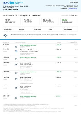 India Paytm Payments bank statement Word and PDF template, 2 pages