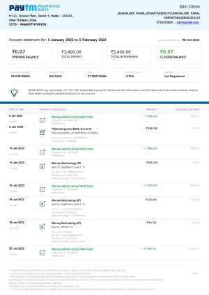India Editable Docs 2 India Paytm Payments bank statement Word and PDF template, 2 pages 1