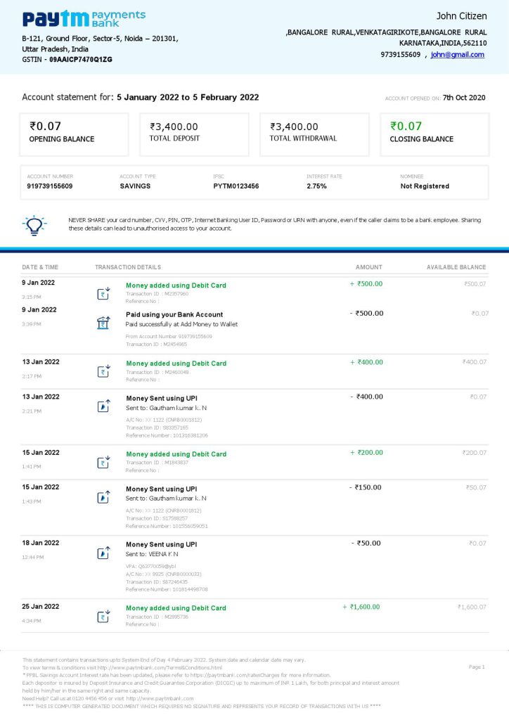 India Paytm Payments bank statement Word and PDF template, 2 pages 1