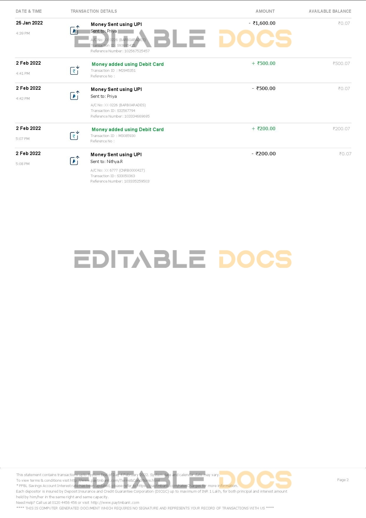 India Paytm Payments bank statement Word and PDF template, 2 pages