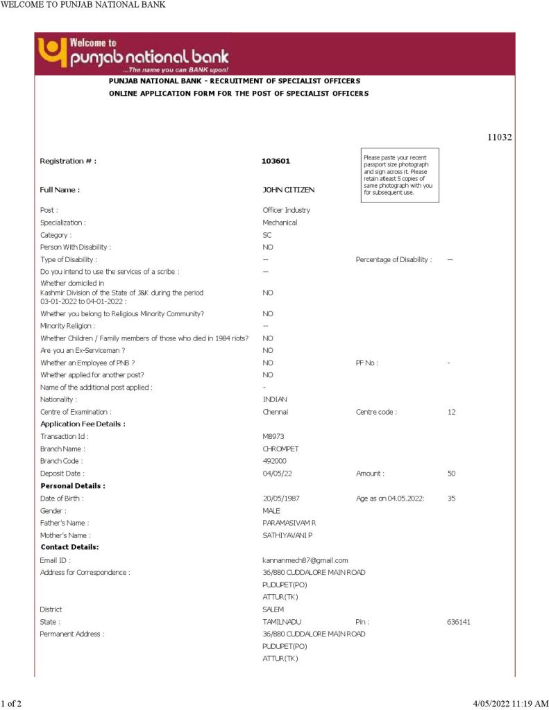 India Punjab National Bank statement Word and PDF template, 2 pages