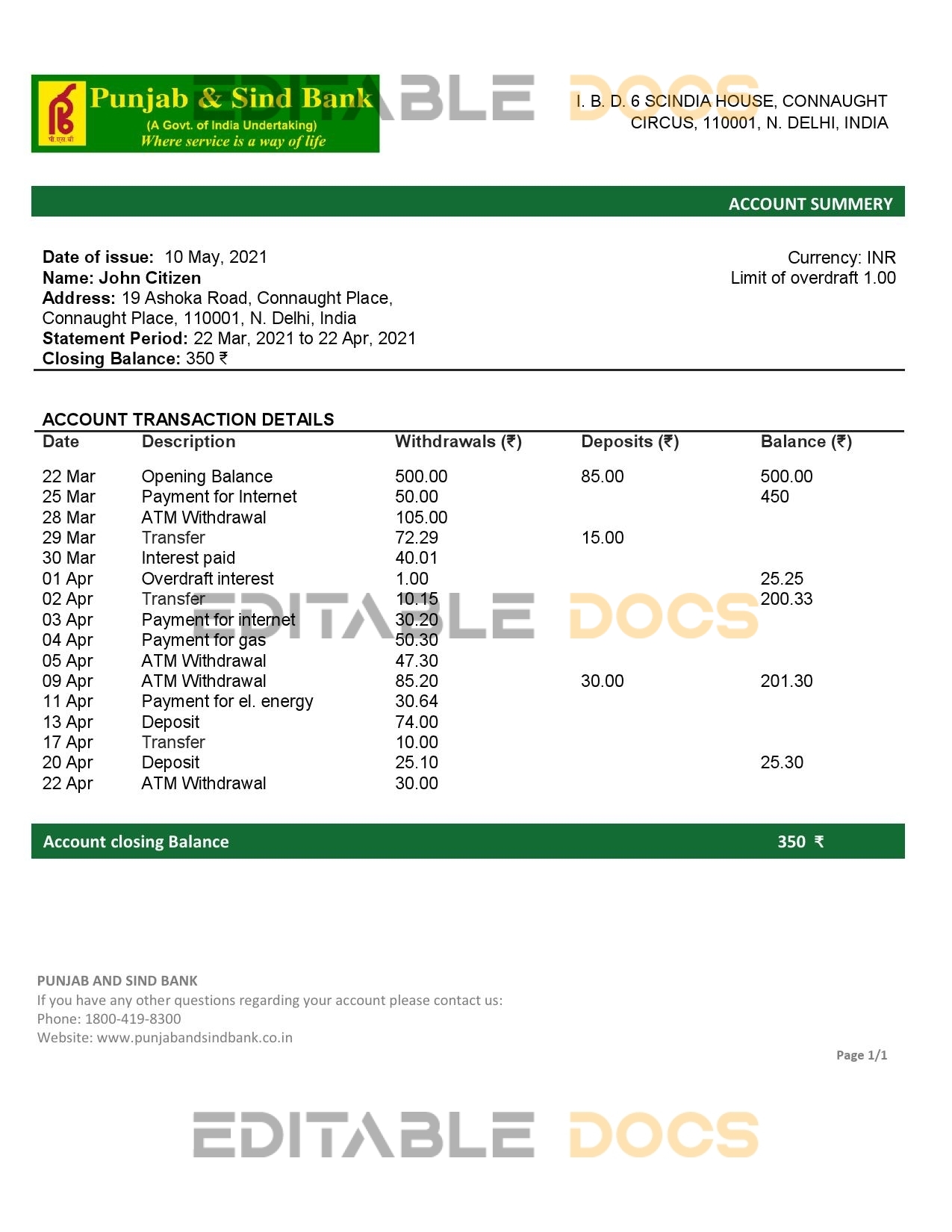India Punjab and Sind Bank statement template in Word and PDF format