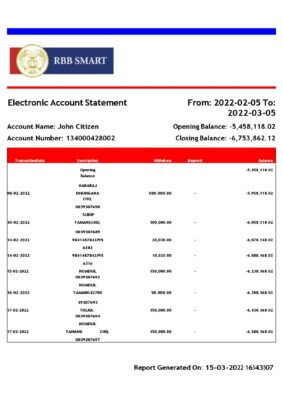 India RBB Smart bank statement, Word and PDF template, 2 pages