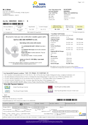 India Tata Indicom mobile utility bill template in Word and PDF format, 2 pages