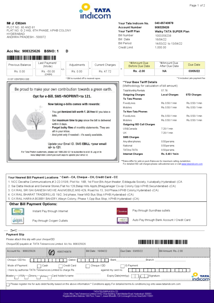 India Tata Indicom mobile utility bill template in Word and PDF format, 2 pages
