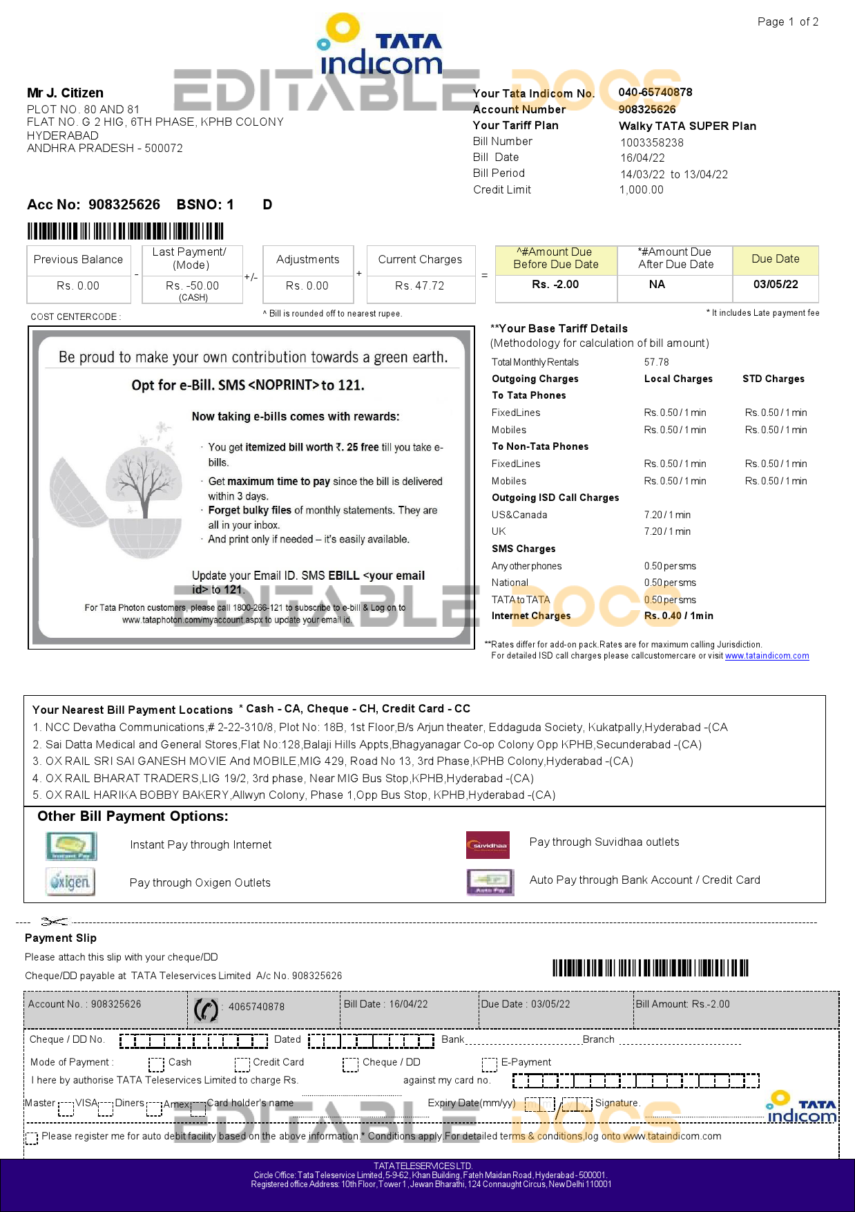 India Tata Indicom mobile utility bill template in Word and PDF format, 2 pages