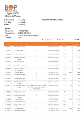India The Bank of Punjab (BOP) account statement Word and PDF template, 3 pages
