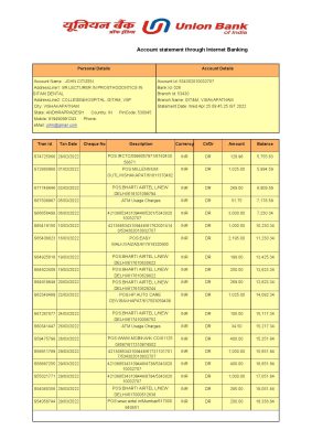 India Union Bank of India bank statement Word and PDF template, 2 pages