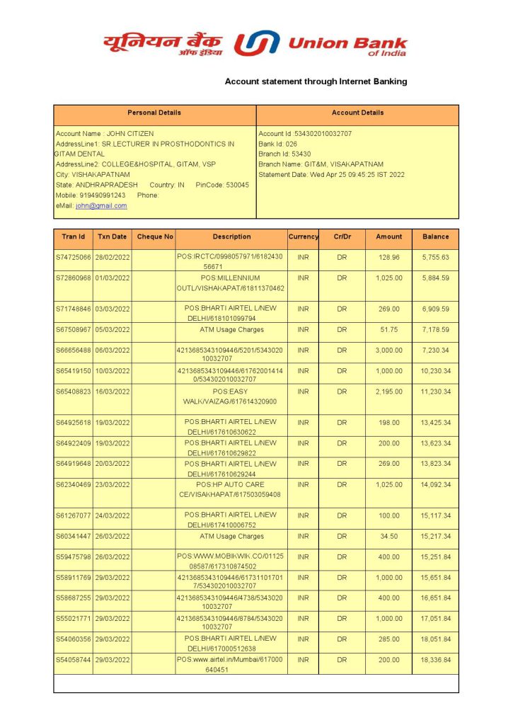 India Union Bank of India bank statement Word and PDF template, 2 pages 1