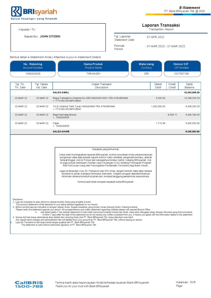 Indonesia BRIsyariah bank e-Statement, Word and PDF template