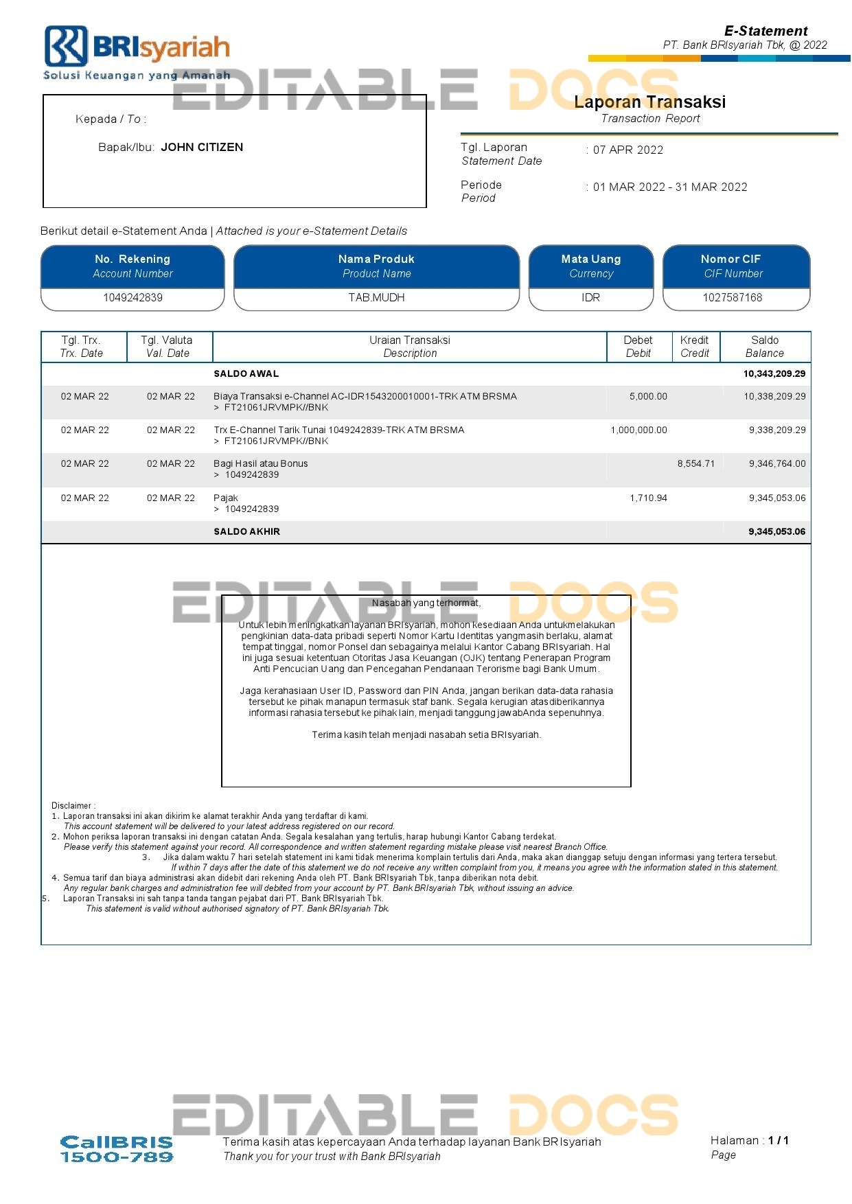 Indonesia BRIsyariah bank e-Statement, Word and PDF template