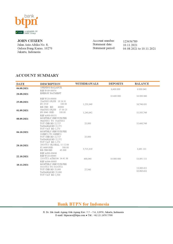 Indonesia BTPN proof of address bank statement in Word and PDF format