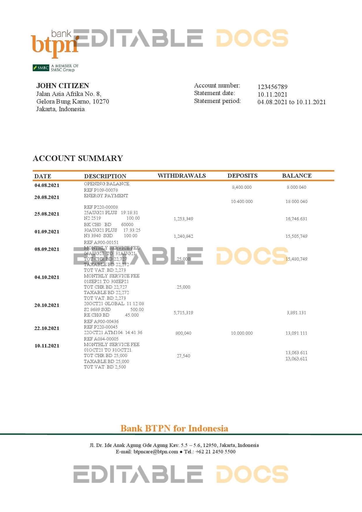 Indonesia BTPN proof of address bank statement in Word and PDF format