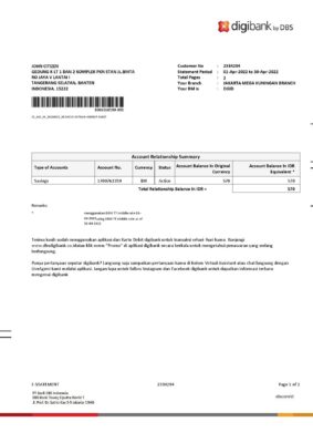 Indonesia DBS Digibank statement, Word and PDF template, 2 pages