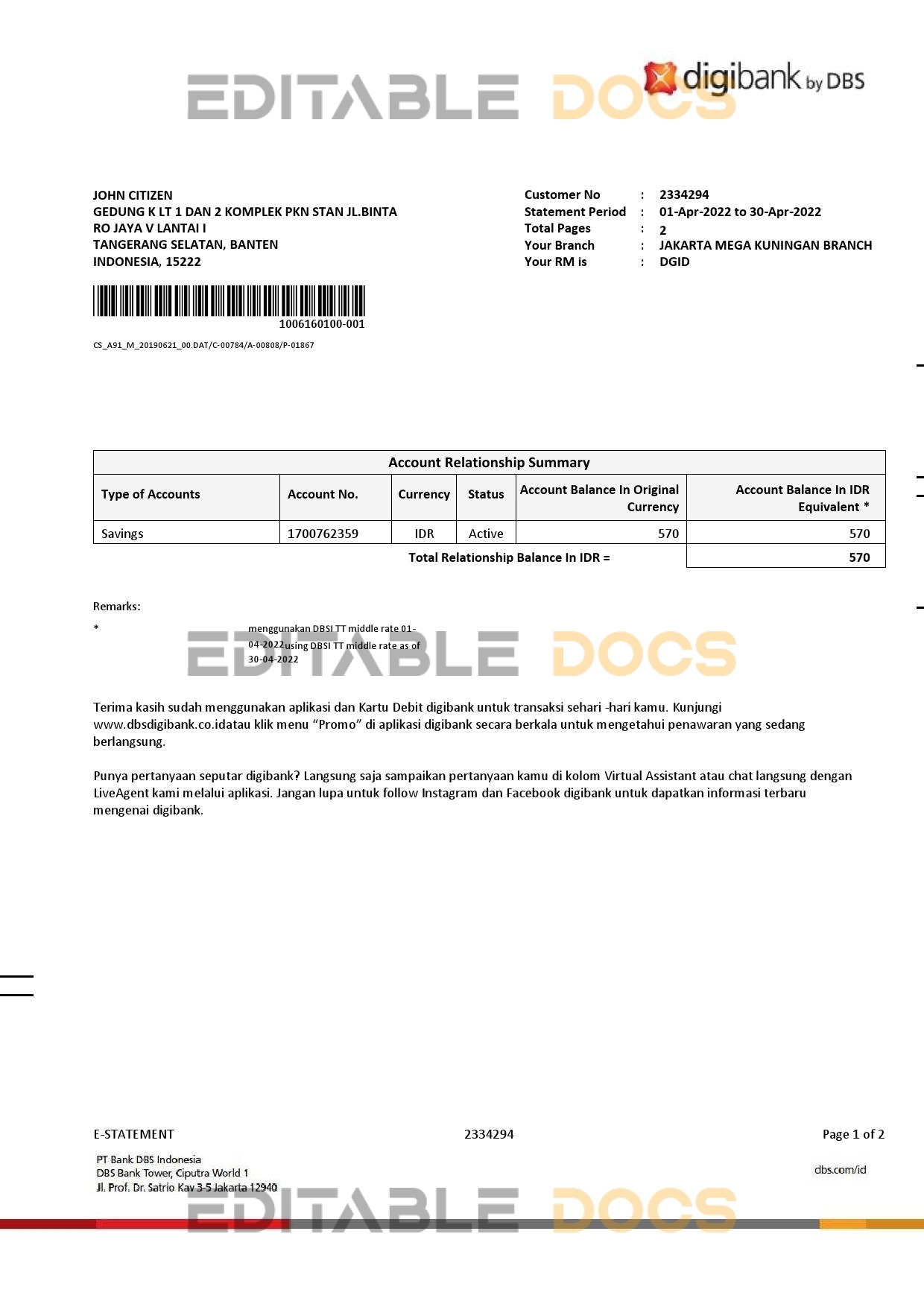 Indonesia DBS Digibank statement, Word and PDF template, 2 pages