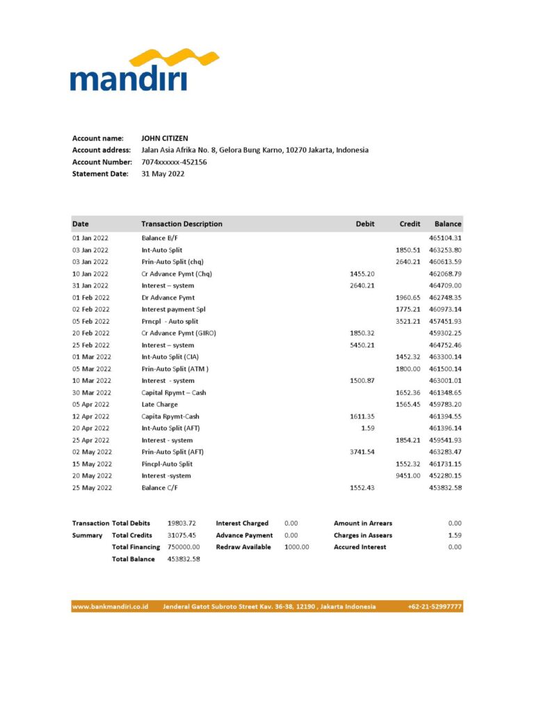 Indonesia Mandiri bank statement Excel and PDF template