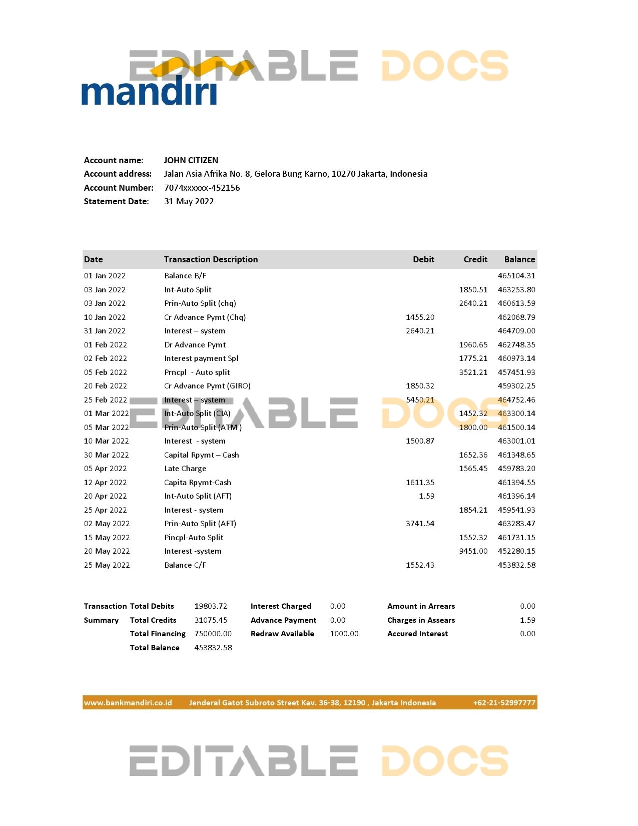 Indonesia Mandiri bank statement Excel and PDF template