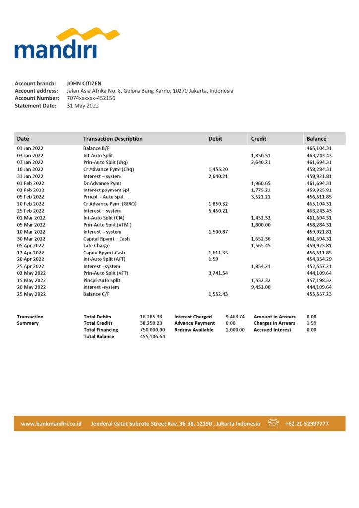 Indonesia Mandiri proof of address bank statement in Word and PDF format