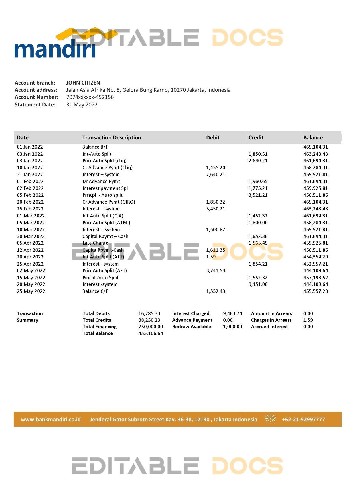 Indonesia Mandiri proof of address bank statement in Word and PDF format