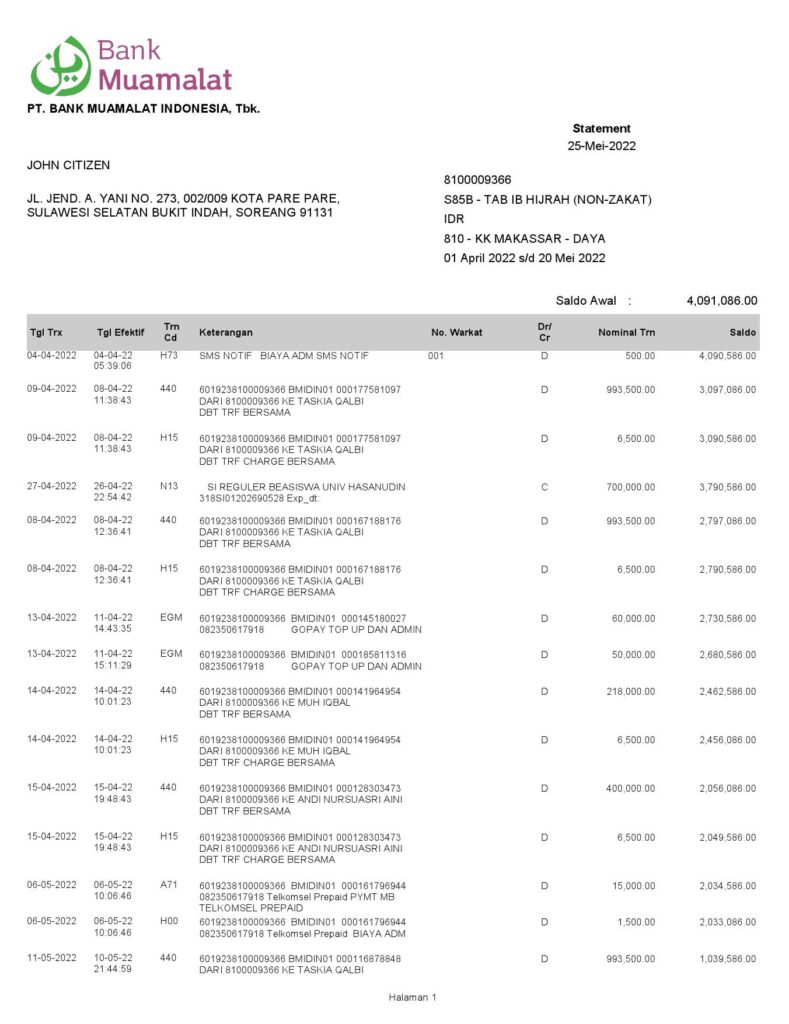 Indonesia Muamalat bank statement, Word and PDF template, 2 pages