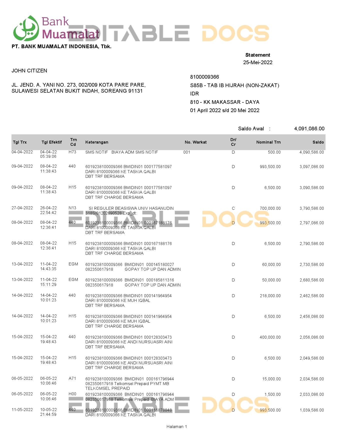 Indonesia Muamalat bank statement, Word and PDF template, 2 pages