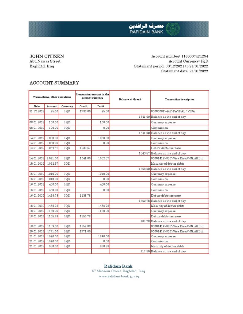 Iraq Rafidain Bank statement Excel and PDF template