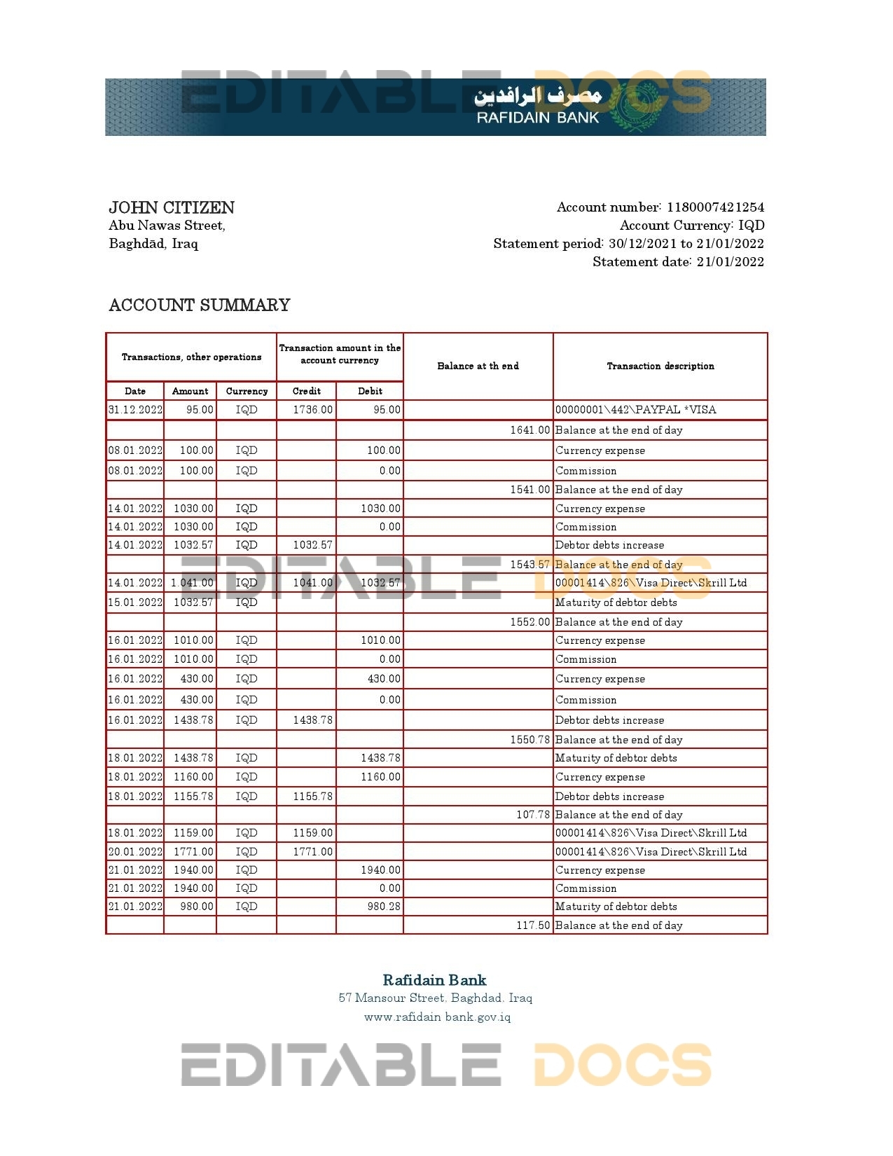 Iraq Rafidain Bank statement Excel and PDF template
