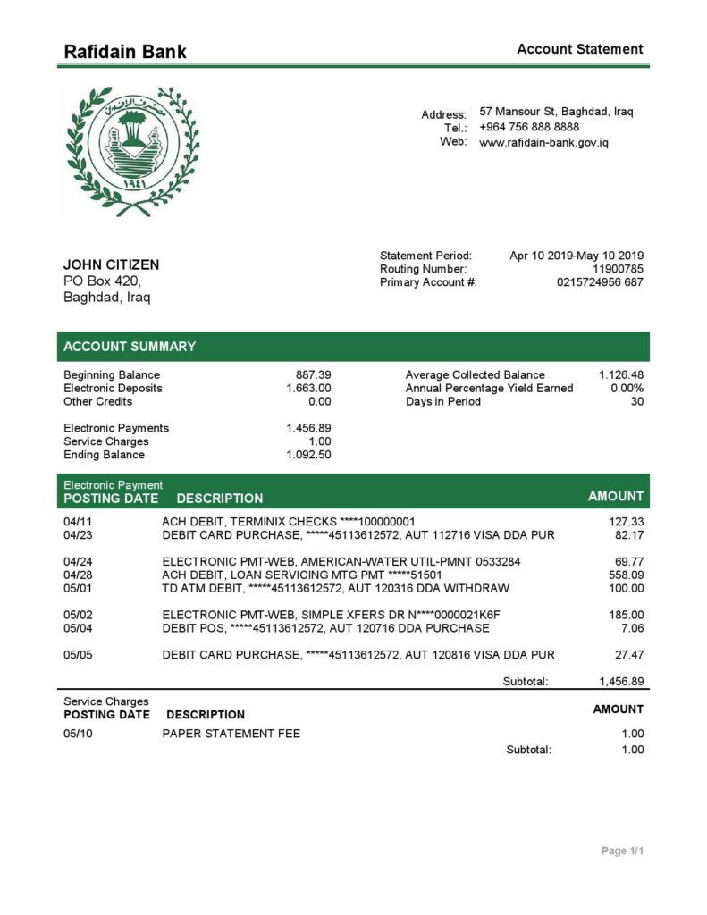 Iraq Rafidain bank statement easy to fill template in Word and PDF format