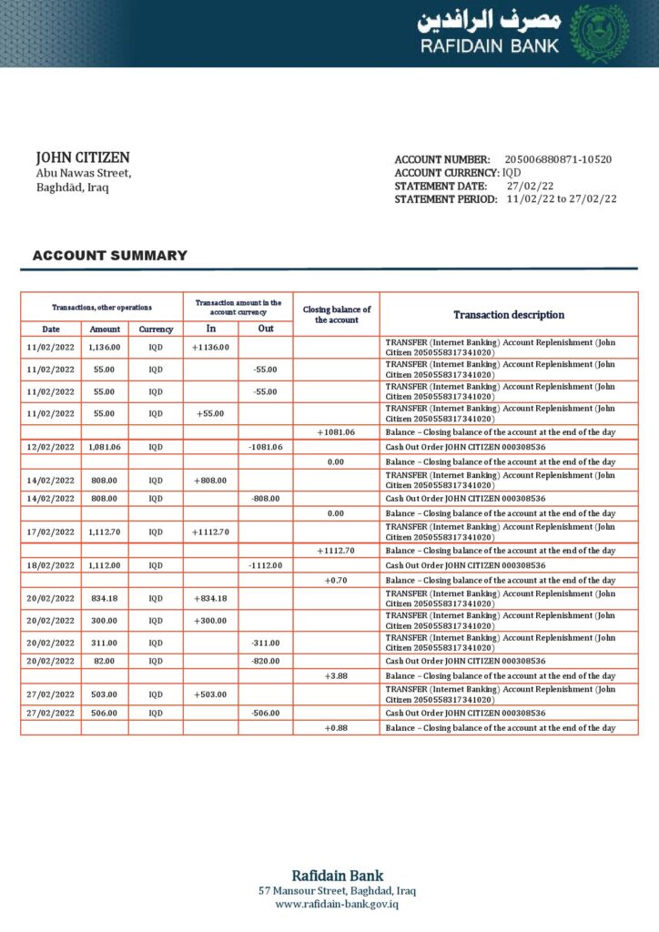 Iraq Rafidain proof of address bank statement in Word and PDF format