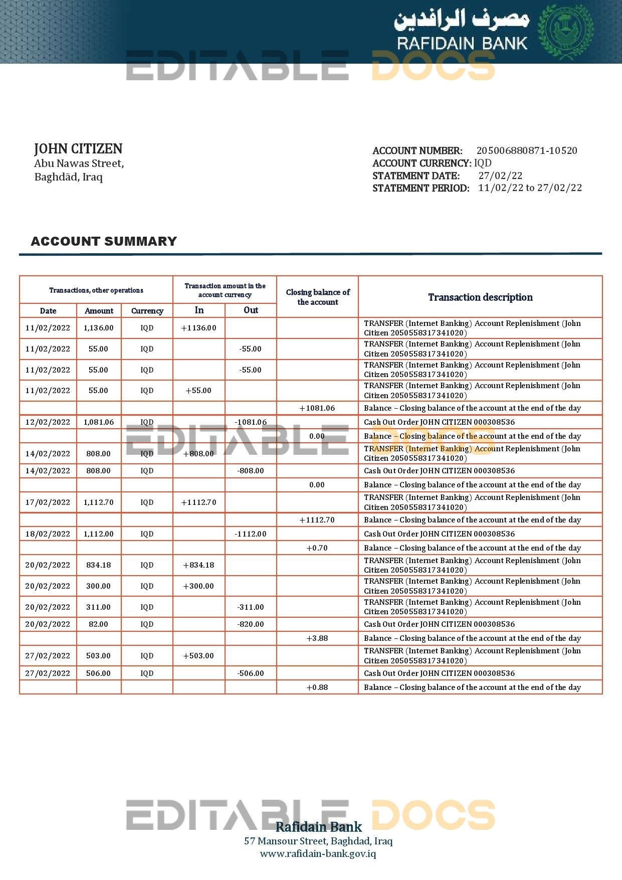 Iraq Rafidain proof of address bank statement in Word and PDF format