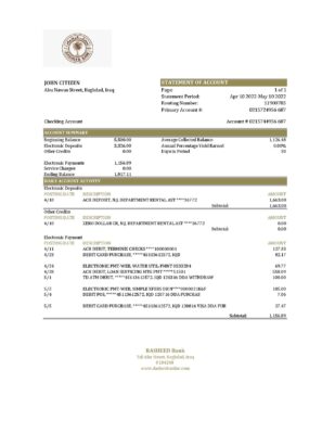 Iraq Rasheed bank statement Excel and PDF template