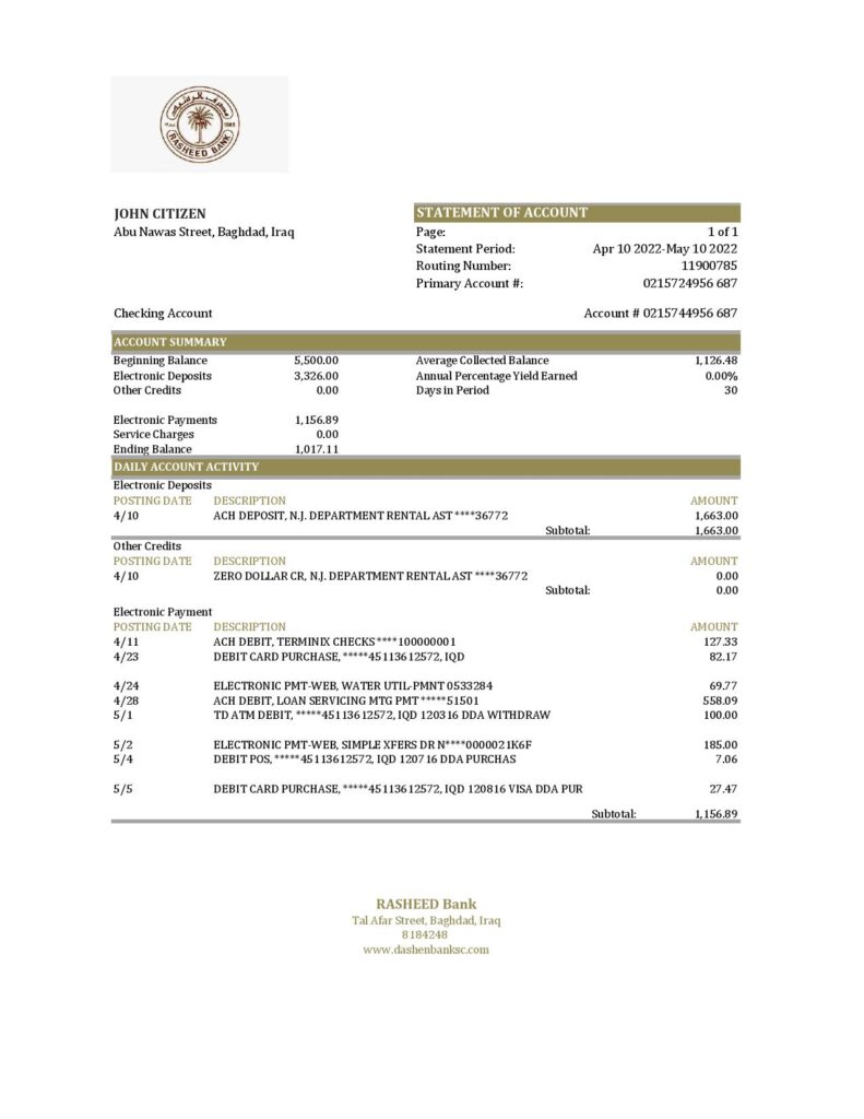 Iraq Rasheed bank statement Excel and PDF template