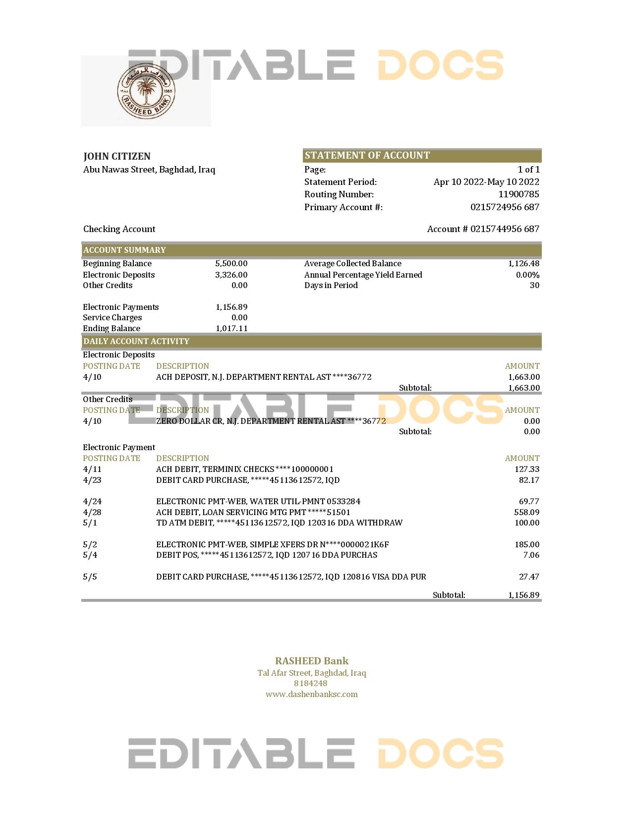 Iraq Rasheed bank statement Excel and PDF template