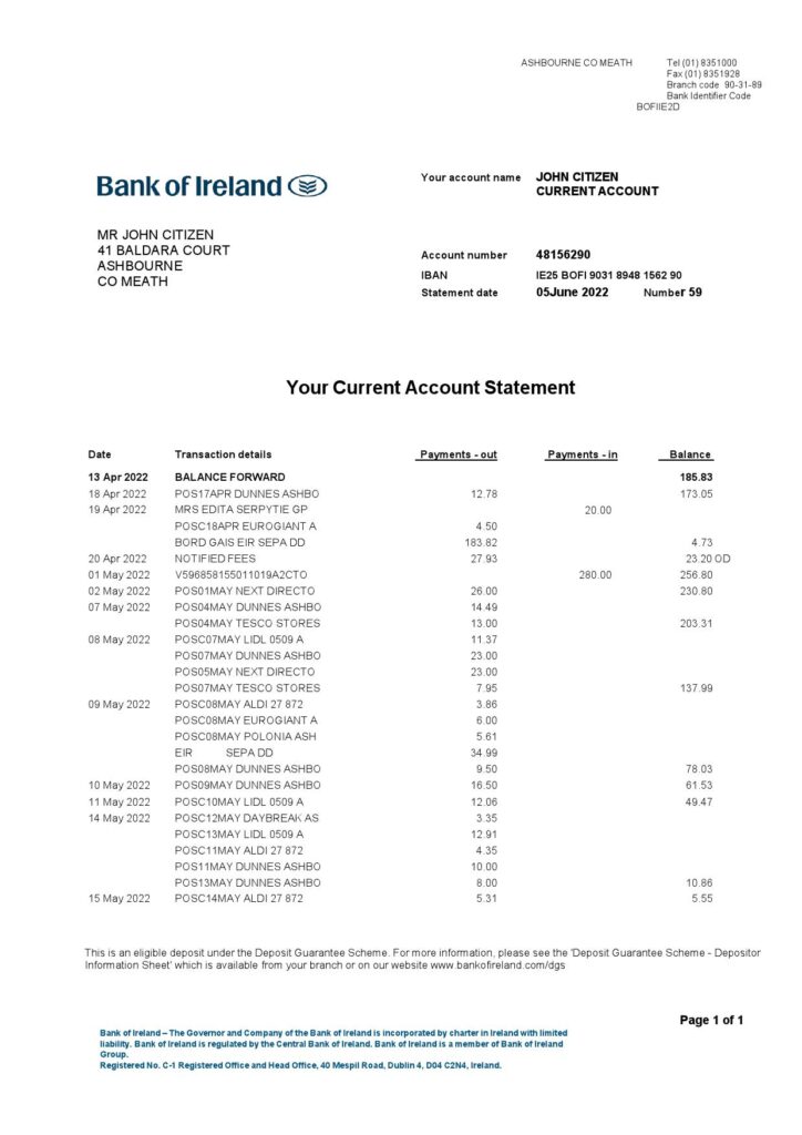 Ireland Bank of Ireland bank statement, Word and PDF template, 2 pages