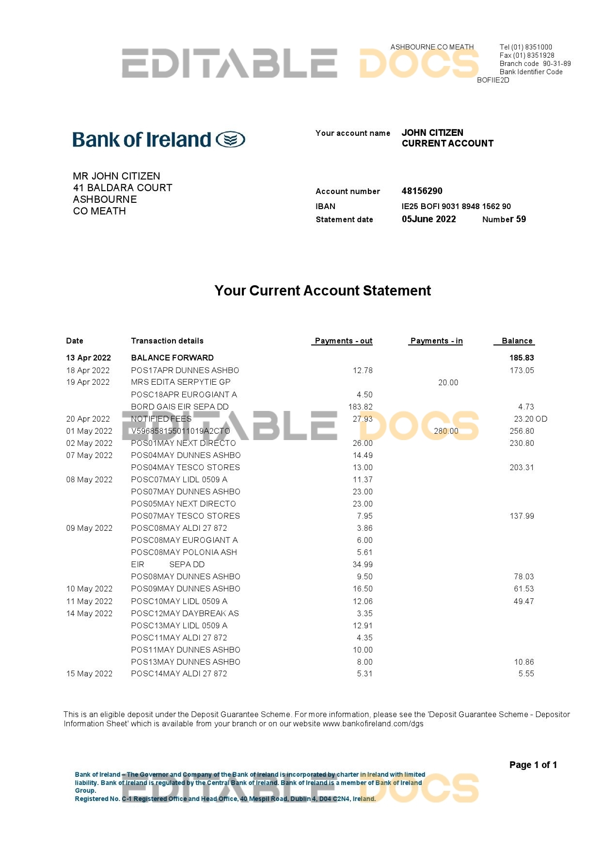 Ireland Bank of Ireland bank statement, Word and PDF template, 2 pages