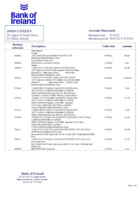 Ireland Bank of Ireland bank statement template in Word and PDF format