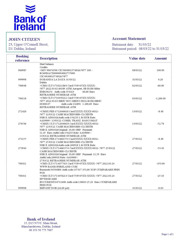 Ireland Bank of Ireland bank statement template in Word and PDF format