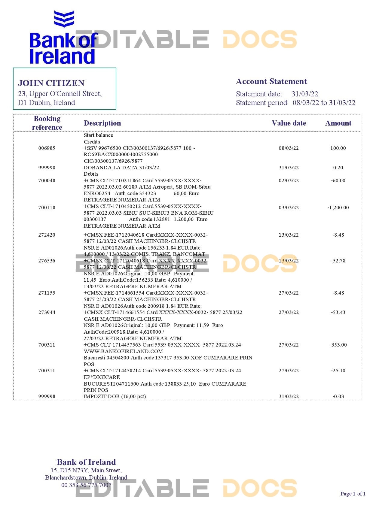 Ireland Bank of Ireland bank statement template in Word and PDF format