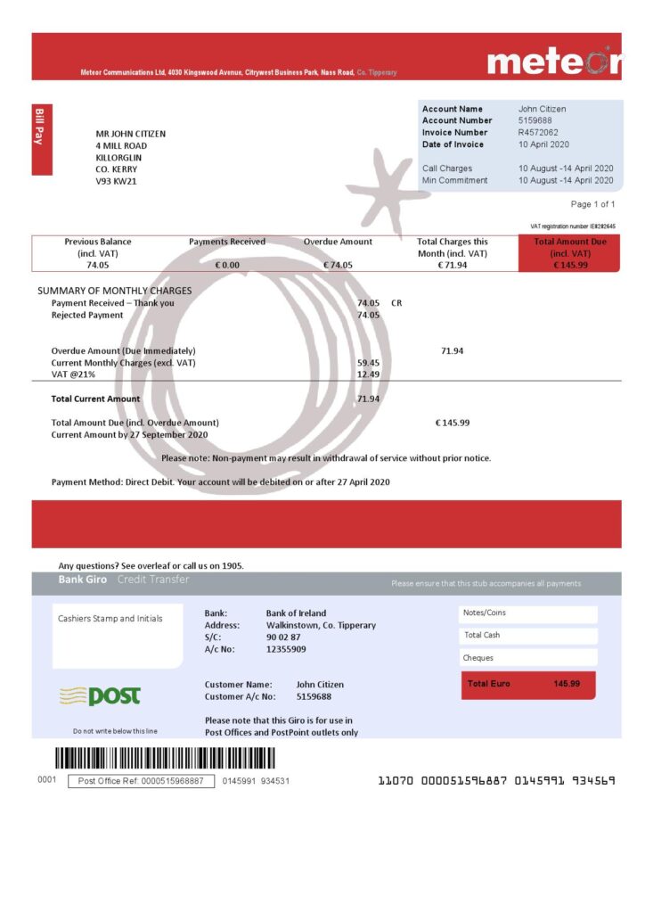 Ireland Meteor utility bill template fully editable in PSD format