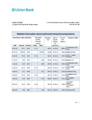 Ireland Ulster Bank statement Excel and PDF template