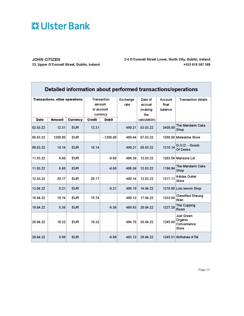 Ireland Ulster Bank statement Excel and PDF template