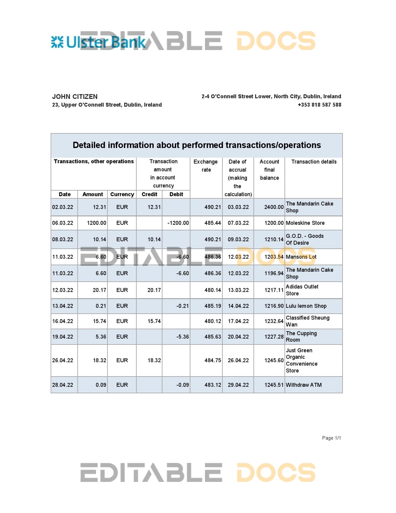Ireland Ulster Bank statement Excel and PDF template