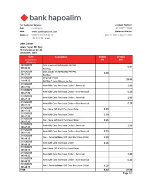 Israel Bank Hapoalim bank statement easy to fill template in .xls and .pdf file format