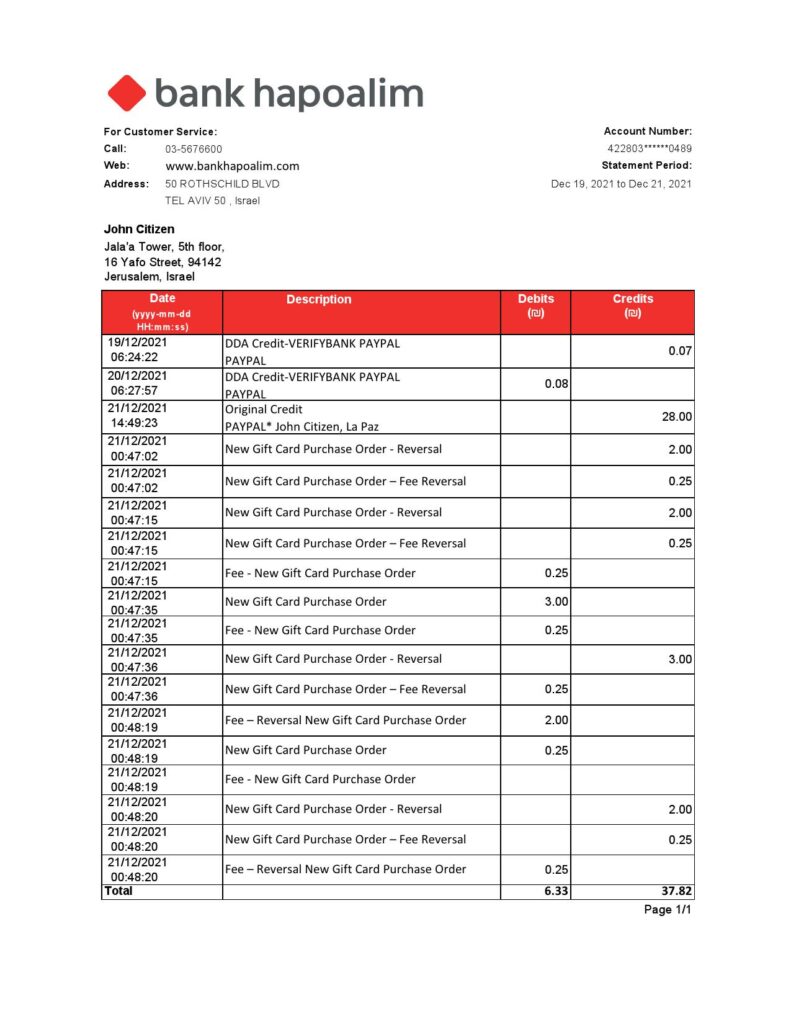 Israel Bank Hapoalim bank statement easy to fill template in .xls and .pdf file format