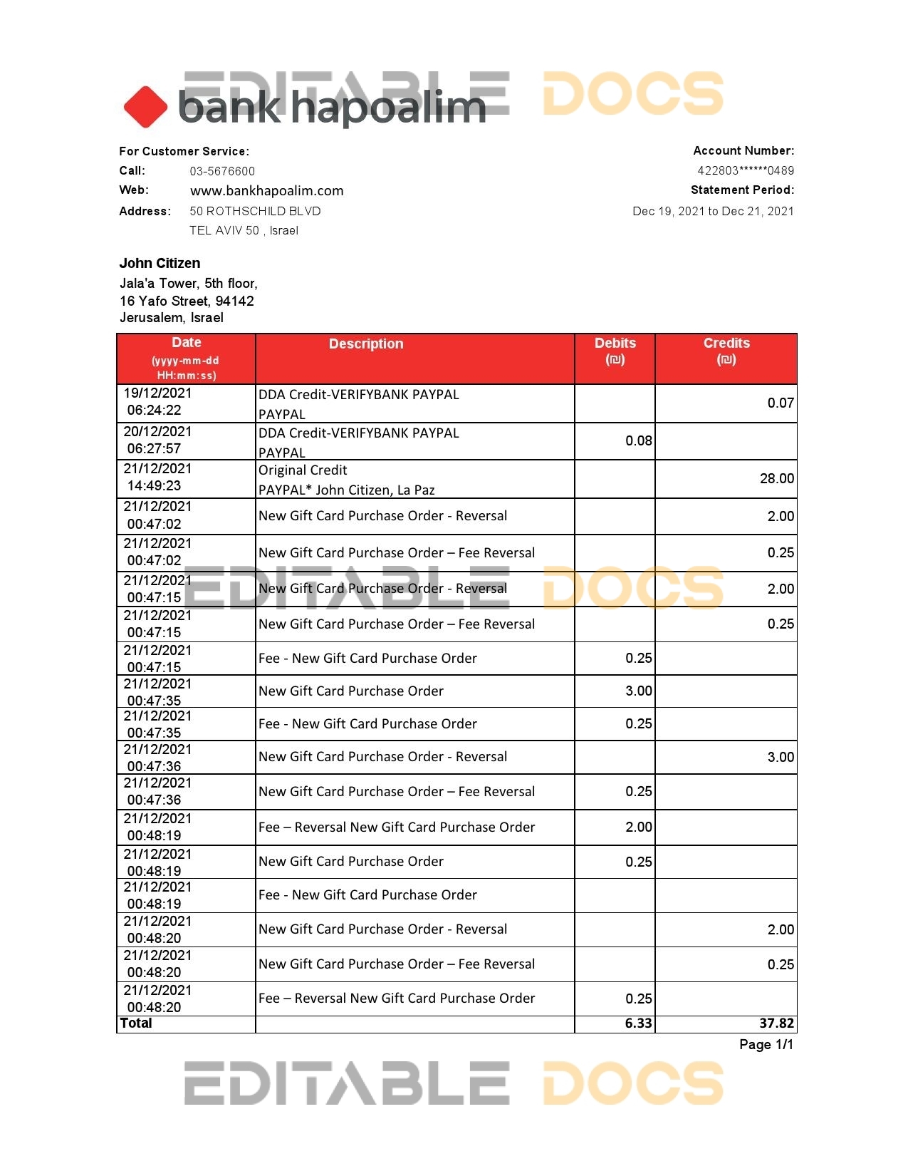 Israel Bank Hapoalim bank statement easy to fill template in .xls and .pdf file format