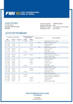 Israel First International Bank of Israel proof of address bank statement template in Word and PDF format