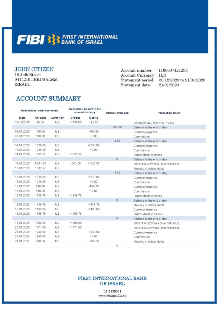 Israel First International Bank of Israel proof of address bank statement template in Word and PDF format