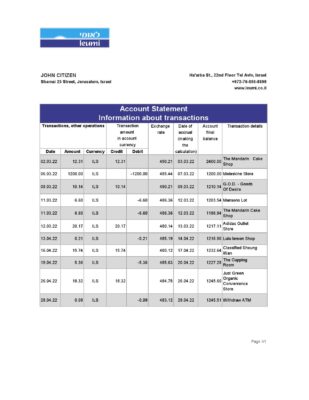 Israel Leumi bank statement Excel and PDF template