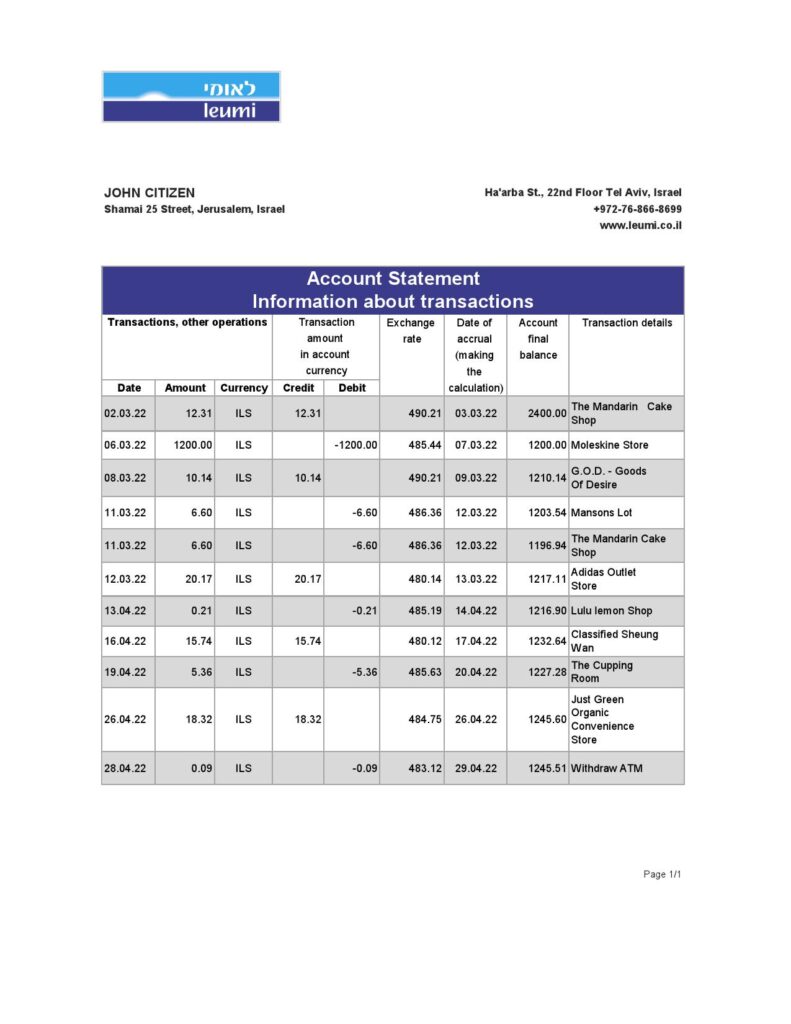 Israel Leumi bank statement Excel and PDF template