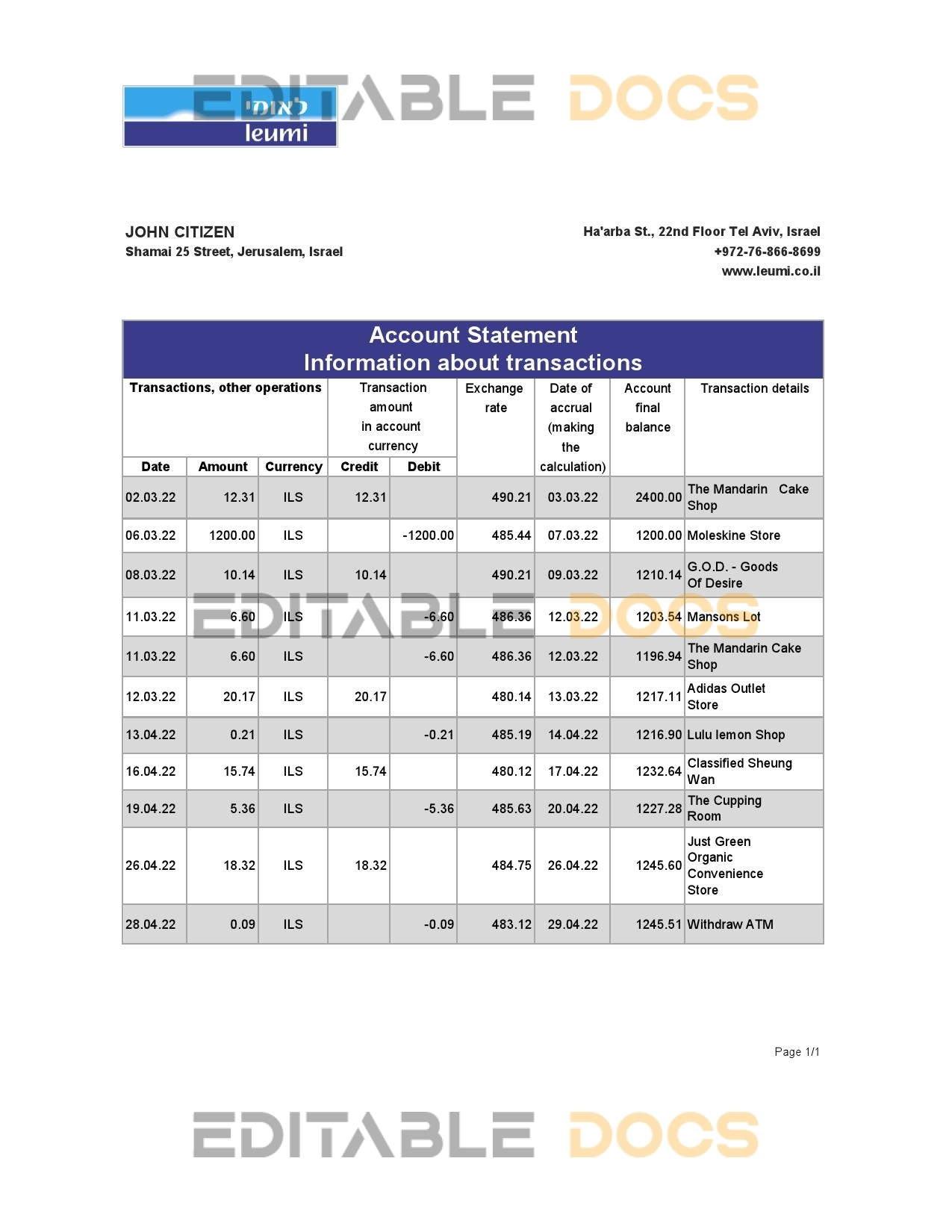 Israel Leumi bank statement Excel and PDF template